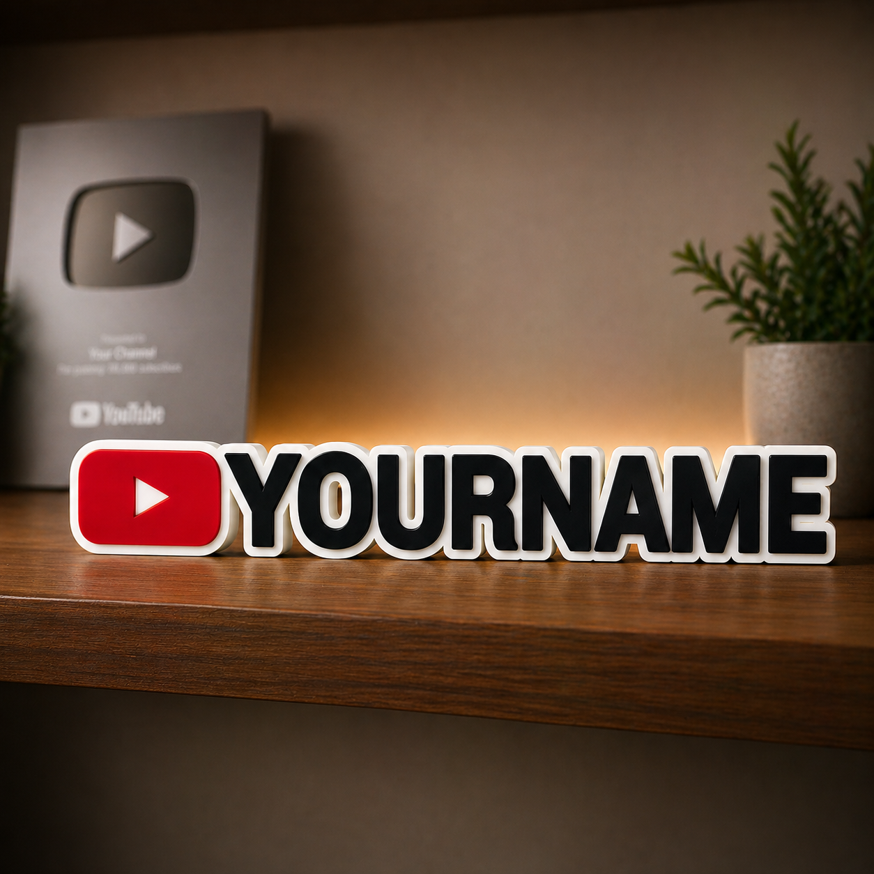 3D printed YouTube name plate with matte finish, personalized with a custom handle